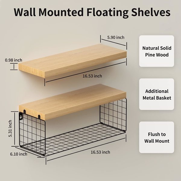 Floating Shelves Wall Mounted, Rustic Wood Bathroom Wall Shelves Over Toilet with Paper Storage Basket, Farmhouse Floating Shelf for Wall Decor, Wall Storage, Bedroom, Living Room