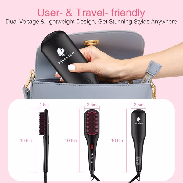 Enhanced Ceramic Hair Straightener Brush by MiroPure, 2-in-1 Ionic Straightening Brush w/Anti-Scald Feature Suit for All Hair Types, Auto Temperature Lock & Auto-Off Function, 16 Set, (FBA 发货，周末不发货)