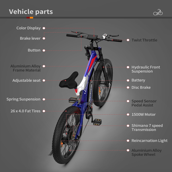 AOSTIRMOTOR 26" 1500W Electric Bike Fat Tire P7 48V 20AH Removable Lithium Battery for Adults S17-1500W