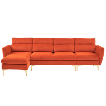 282*142*88cm Pushback Chair Shape Four Seats with Footstool Flannel Diamond Electroplated Gold Triple Leg Indoor Modular Sofa Burnt Orange Color