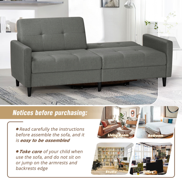  Linen Fabric Sofa Bed With Adjustable Backrest And Wooden Legs, Mordern Convertible Loveseat Couch For Your Living Room, Apartment, Office, Grey