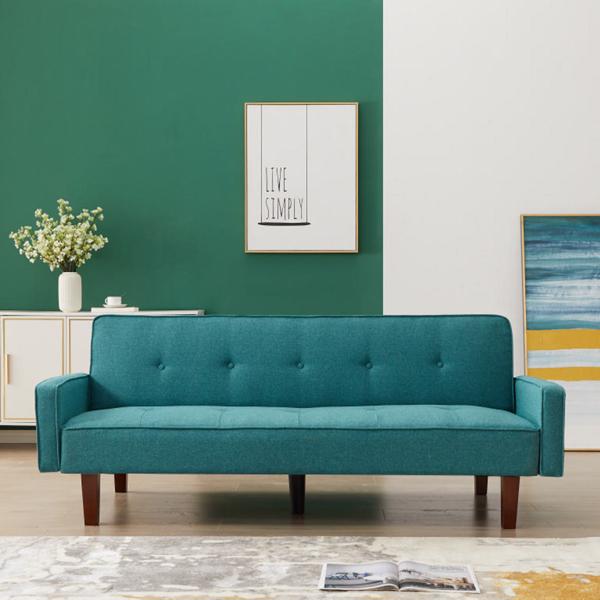 Green Sofa Bed, Modern Linen Sofa, Convertible Sleeper Sofa with Arms, Solid Wood Feet and Plastic Centre Feet