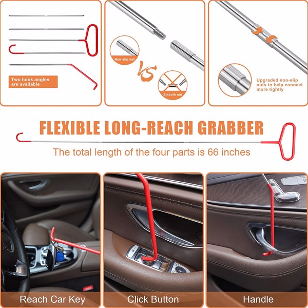 Stainless steel long distance hook tool Automotive emergency door opening tool set Oval handle Red warping piece set wedge air bag wrench combination tool