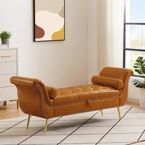 Brown, PU Leather, Metal Feet Upholstered Ottoman Bedroom Lounge Ottoman Flip Top Storage Sofa Bench