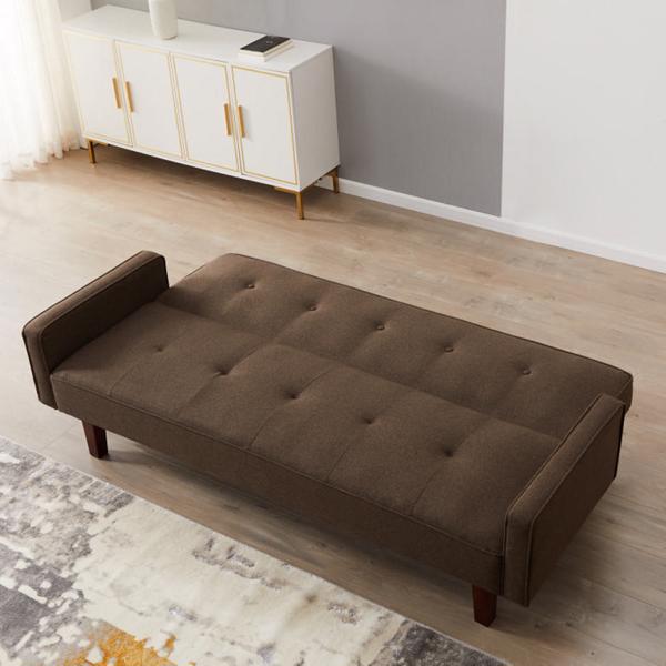 Brown Sofa Bed, Modern Linen Sofa, Convertible Sleeper Sofa with Arms, Solid Wood Feet and Plastic Centre Feet