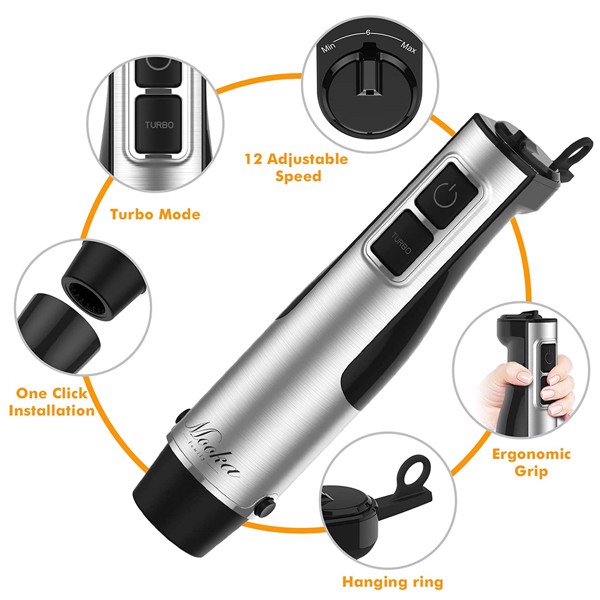 Immersion Blender Handheld, MOOKA Family 1100W 5-in-1 Multi-Purpose Hand Blender, 12-Speed Stick Blender, 600ml Beaker, 500ml Chopper, Egg Whisk, Milk Frother, HB-2080, Black