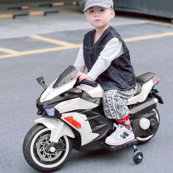 12V Battery Motorcycle, 2 Wheel Motorbike Kids Rechargeable Ride On Car Electric Cars Motorcycles--WHITE