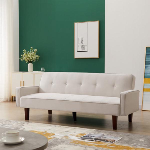 Beige Sofa Bed, Modern Linen Sofa, Convertible Sleeper Sofa with Arms, Solid Wood Feet and Plastic Centre Feet