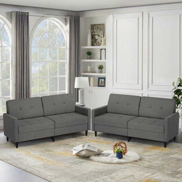  Linen Fabric Sofa Bed With Adjustable Backrest And Wooden Legs, Mordern Convertible Loveseat Couch For Your Living Room, Apartment, Office, Grey