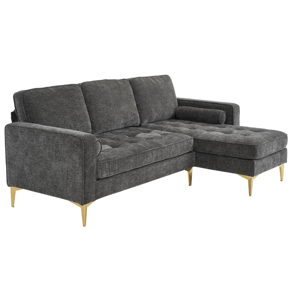 218*141*87cm 3-Seater With Footstool Chenille Rhombus Electroplated Golden Tripod Legs Indoor Modular Sofa Drak Gray