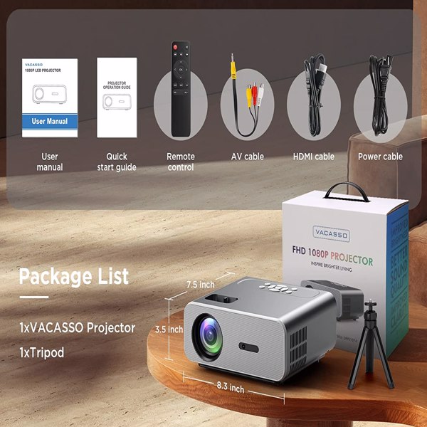 Projector with 5G WiFi and Bluetooth, VACASSO Native 1080P Portable Projector 4K Supported with Tripod, 11000L Movie Home Projector Compatible with HDMI/TV Stick, C12 Gray,  FBA 发货，周末不处理订单