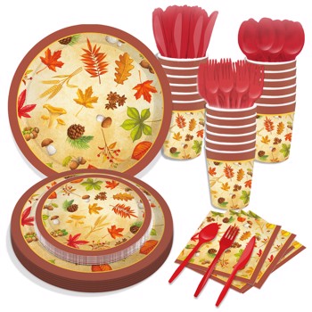 Thanksgiving Maple Leaf Paper Plates Party Plates and Napkins Party Supplie Birthday Disposable Tableware Set Party Dinnerware Serves 8 Guests for Plates, Napkins, Cups 68PCS