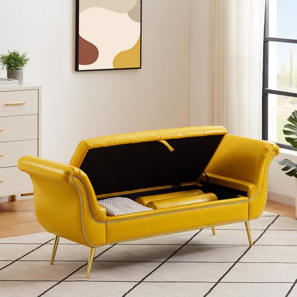 Yellow, PU Leather, Metal Feet Upholstered Ottoman Bedroom Lounge Ottoman Flip Top Storage Sofa Bench