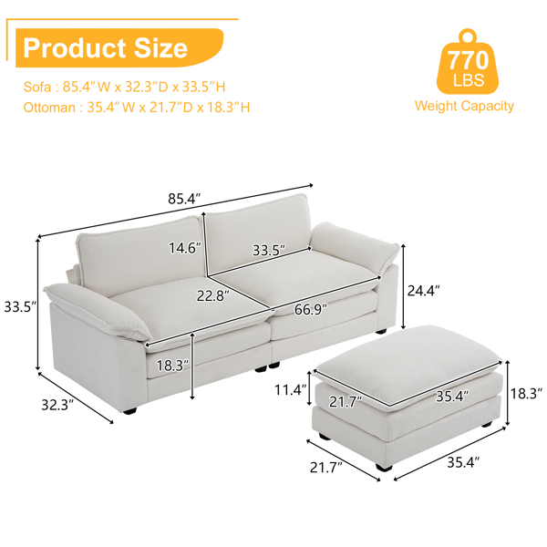 217*141*85 Teddy Velvet Two-Seater With Footstool Double Bag Indoor Double Sofa Off White