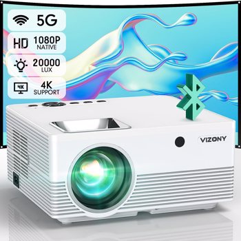 VIZONY Projector with 5G WiFi and Bluetooth, 20000L 600ANSI Full HD Native 1080P Projector, Support 4k & 350\\" Display with Carry Case, Outdoor Movie Projector Compatible w/Phone/TV Stick/Laptop, White