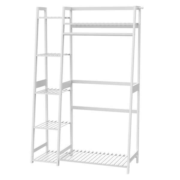 amboo Garment Rack with Shelves, Clothing Rack for Hanging Clothes, Freestanding Closet Organizer for Living Room Bedroom Entryway Bathroom Office, White