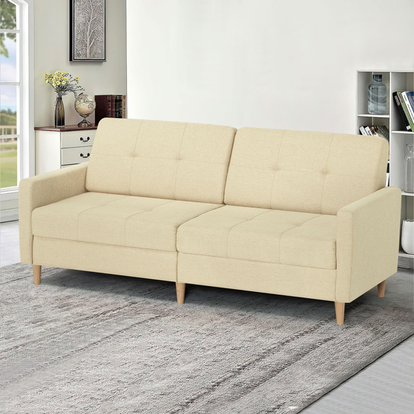  Linen Fabric Sofa Bed With Adjustable Backrest And Wooden Legs, Mordern Convertible Loveseat Couch For Your Living Room, Apartment, Office, Beige