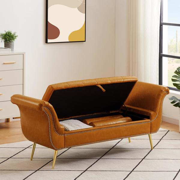 Brown, PU Leather, Metal Feet Upholstered Ottoman Bedroom Lounge Ottoman Flip Top Storage Sofa Bench