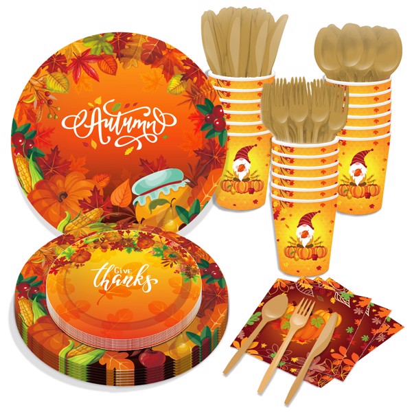 Autumn Thanksgiving Maple Leaf Paper Plates Party Supplie Plates and Napkins Birthday Disposable Tableware Set Party Dinnerware Serves 8 Guests for Plates, Napkins, Cups 68PCS