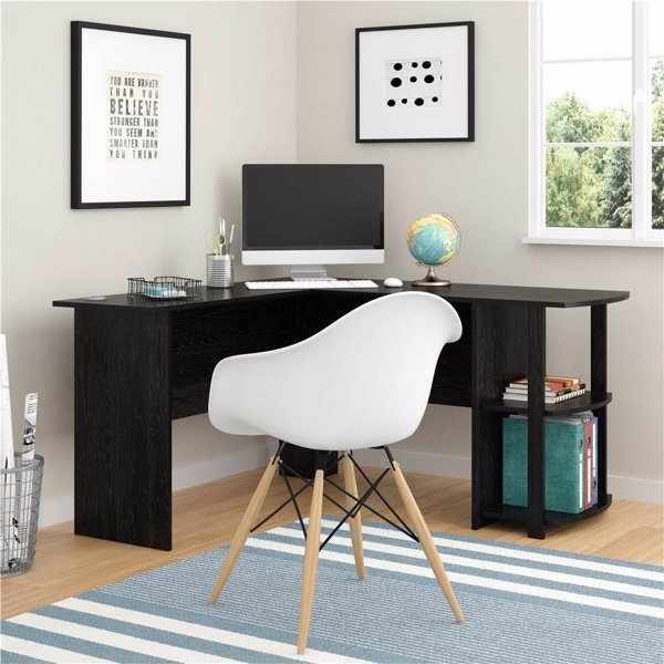 FCH L-Shaped Wood Right-angle Computer Desk with Two-layer Bookshelves Black