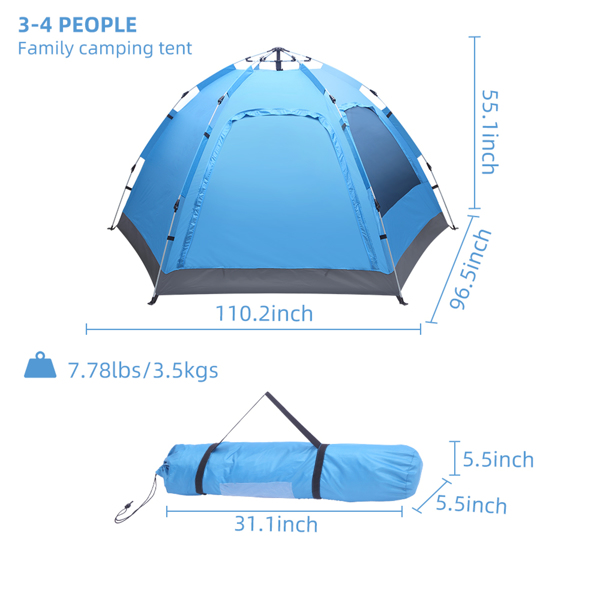 3-4 Person Automatic Family Tent Instant Pop Up Waterproof for Camping Hiking Travel Outdoor Activities 