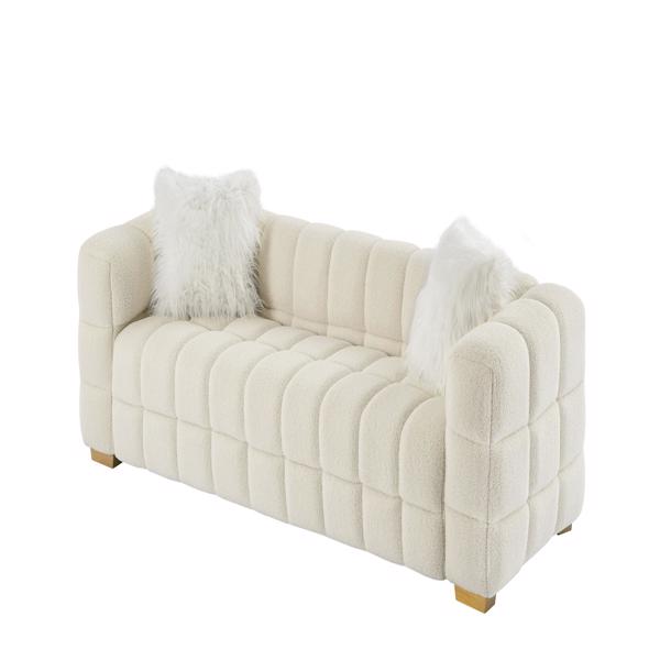 (Beige) Wide Square Arm Teddy Velvet Rectangular Sofa, 2 Pillows