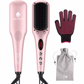 Enhanced Hair Straightener Heat Brush by MiroPure, 2-in-1 Ceramic Ionic Straightening Brush, Hot Comb with Anti-Scald Feature, Auto Temperature Lock & Auto-Off Function (Pink)