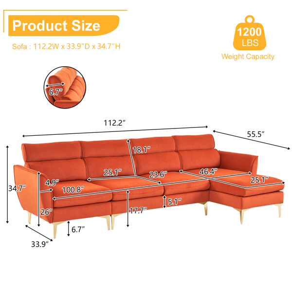 282*142*88cm Pushback Chair Shape Four Seats with Footstool Flannel Diamond Electroplated Gold Triple Leg Indoor Modular Sofa Burnt Orange Color