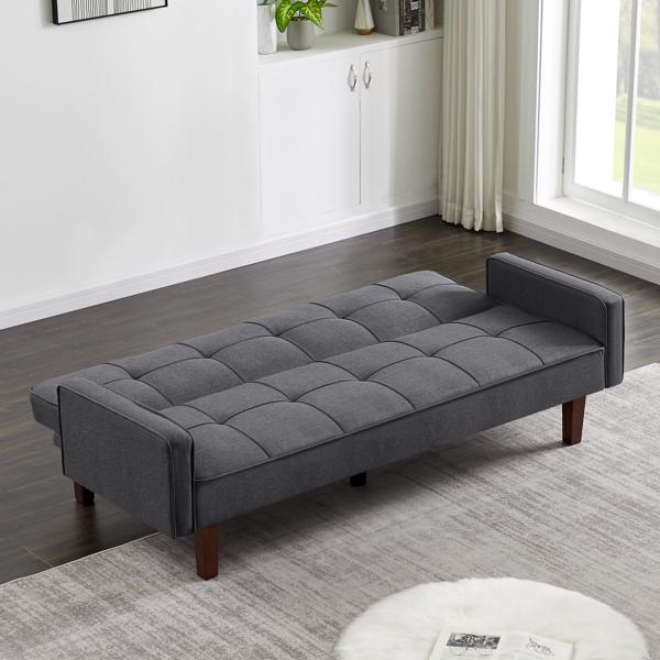 Grey Linen Sofa Bed, Convertible Sleeper Sofa with Arms, Solid Wood Feet and Plastic Centre Legs
