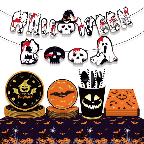 Halloween Pumpkin Blood Hand Bat Paper Plates Party Supplie Plates and Napkins Birthday Disposable Tableware Set Party Dinnerware Serves 8 Guests for Plates, Napkins, Cups 68PCS