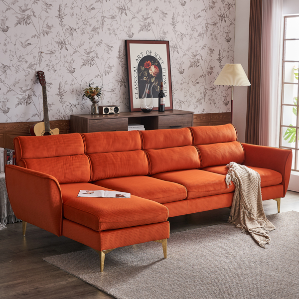 282*142*88cm Pushback Chair Shape Four Seats with Footstool Flannel Diamond Electroplated Gold Triple Leg Indoor Modular Sofa Burnt Orange Color