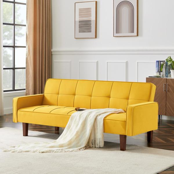 Yellow Linen Sofa Bed, Convertible Sleeper Sofa with Arms, Solid Wood Feet and Plastic Centre Legs