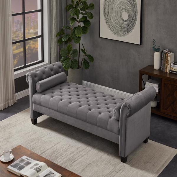 Dark Grey, Solid Wood Legs Velvet Rectangular Sofa Bench with Attached Cylindrical Pillows