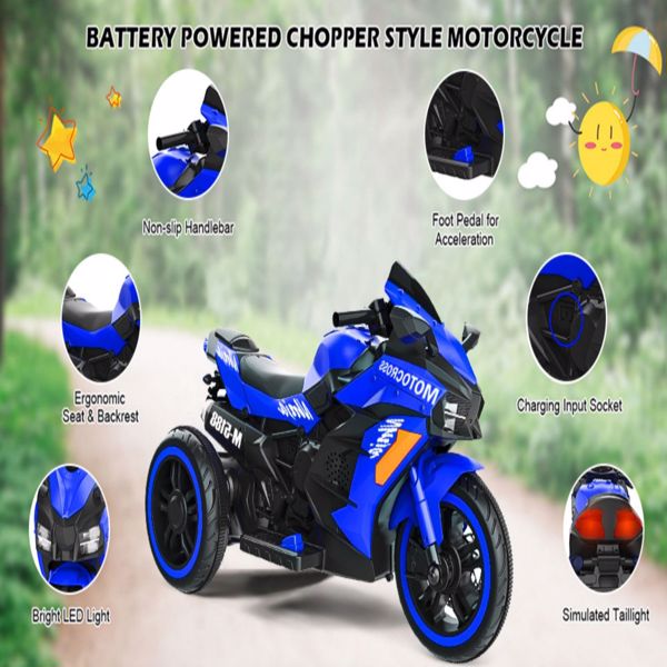 12V Battery Motorcycle,3Wheel Motorbike Kids Rechargeable Ride On Car Electric Cars Motorcycles--BLUE