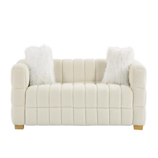 (Beige) Wide Square Arm Teddy Velvet Rectangular Sofa, 2 Pillows