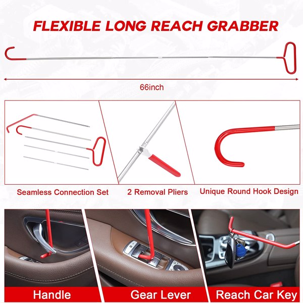 Stainless steel long distance hook tool Automotive emergency door opening tool set Oval handle Red warping piece set wedge air bag wrench combination tool