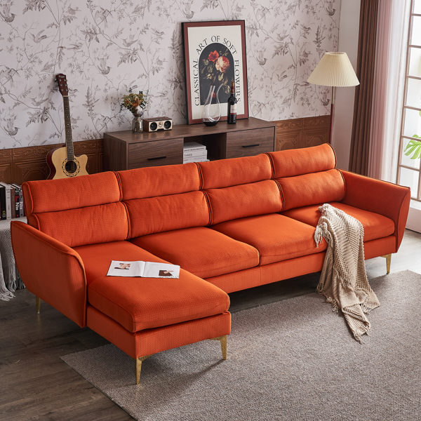 282*142*88cm Pushback Chair Shape Four Seats with Footstool Flannel Diamond Electroplated Gold Triple Leg Indoor Modular Sofa Burnt Orange Color