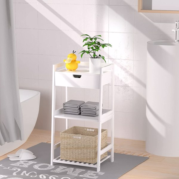 BZH Bathroom Shelves, 3 Tier Ladder Shelf with Drawers, Bamboo Nightstand Open Shelving, Bookshelf Bookcase End Table Plant Stand for Living Room, Bedroom, Bathroom, Kitchen (White)