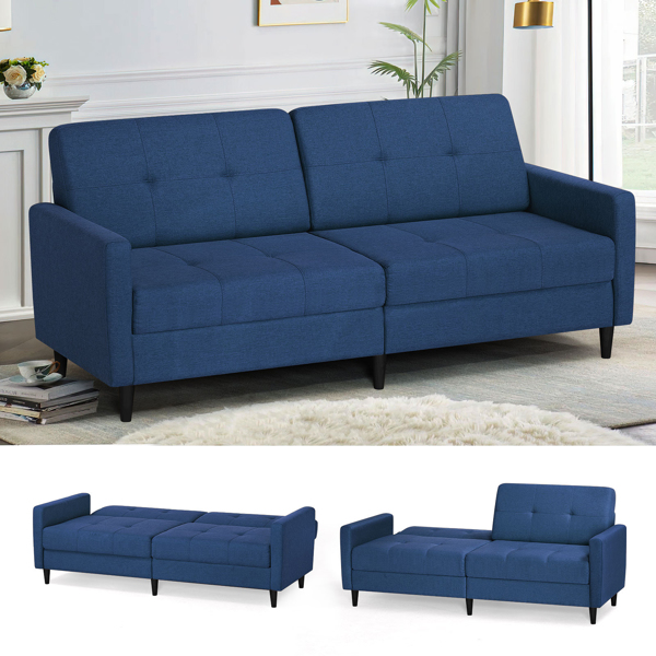  Linen Fabric Sofa Bed With Adjustable Backrest And Wooden Legs, Mordern Convertible Loveseat Couch For Your Living Room, Apartment, Office, Blue