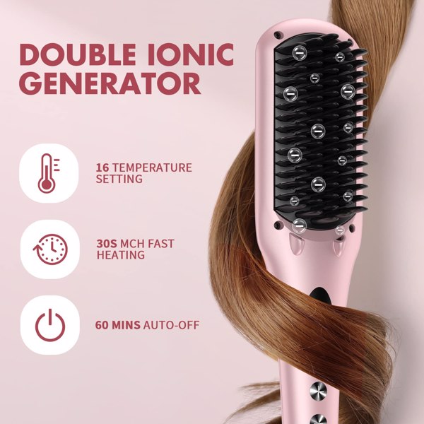 Enhanced Hair Straightener Heat Brush by MiroPure, 2-in-1 Ceramic Ionic Straightening Brush, Hot Comb with Anti-Scald Feature, Auto Temperature Lock & Auto-Off Function (Pink)