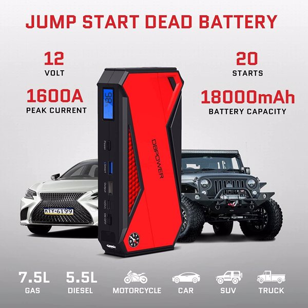 DBPOWER Peak 1600A 18000mAh Car Battery Jump Starter, up to 7.2 Gas, 5.5L Diesel Engines, Portable Battery Booster with Smart Charging Port, LCD Display, Intelligent Jumper Clamps, DJS90, 周末不发货