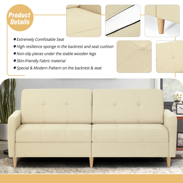  Linen Fabric Sofa Bed With Adjustable Backrest And Wooden Legs, Mordern Convertible Loveseat Couch For Your Living Room, Apartment, Office, Beige