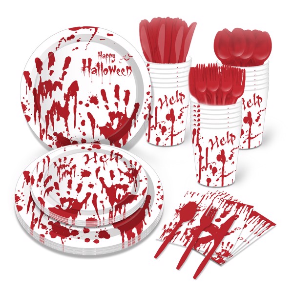  Halloween Blood Hand Bleeding Paper Plates Party Supplie Plates and Napkins Birthday Disposable Tableware Set Party Dinnerware Serves 8 Guests for Plates, Napkins, Cups 68PCS