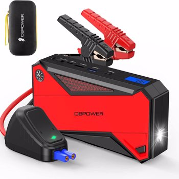 DBPOWER Battery Jump Starter Peak Peak 18000mAh (up to 7.2 Gas, 5.5L Diesel Engines) Battery Booster with Smart Charging Port, LCD Display, Intelligent Jumper Clamps, Compass and LED Light (Red, DJS90