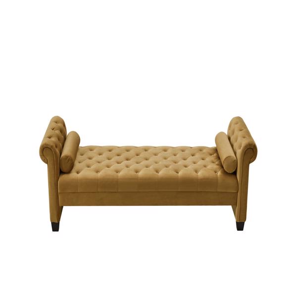 Brown, Solid Wood Legs Velvet Rectangular Sofa Bench with Attached Cylindrical Pillows