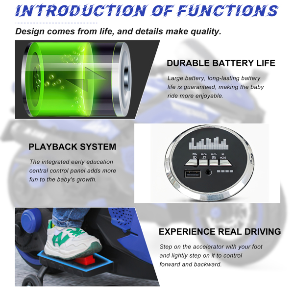 12V Battery Motorcycle,3Wheel Motorbike Kids Rechargeable Ride On Car Electric Cars Motorcycles--BLUE