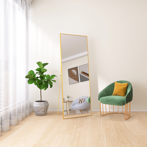 65" x 24" Wall Mounting Full Body Mirror, Full Length Mirror with Stand, Alloy Frame Full-Length Mirror for Living Room, Bedroom, Gold