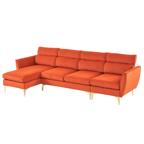 282*142*88cm Pushback Chair Shape Four Seats with Footstool Flannel Diamond Electroplated Gold Triple Leg Indoor Modular Sofa Burnt Orange Color