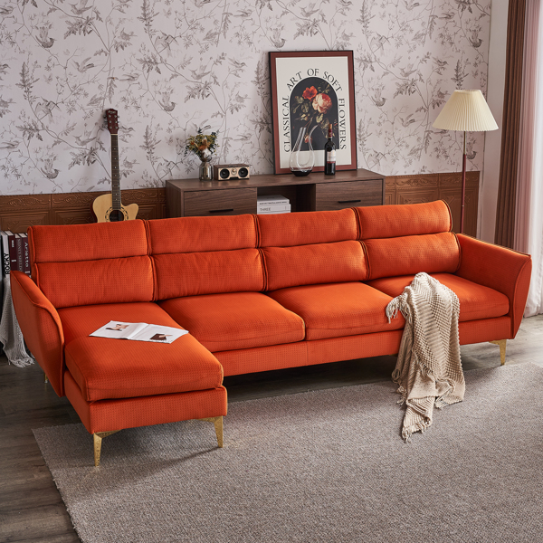 282*142*88cm Pushback Chair Shape Four Seats with Footstool Flannel Diamond Electroplated Gold Triple Leg Indoor Modular Sofa Burnt Orange Color