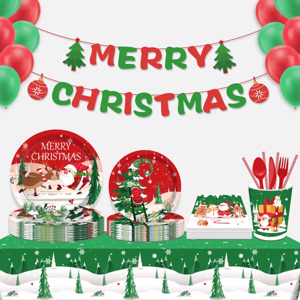 Christmas Tree Santa Claus Paper Plates Party Supplie Plates and Napkins Birthday Disposable Tableware Set Party Dinnerware Serves 8 Guests for Plates, Napkins, Cups 68PCS